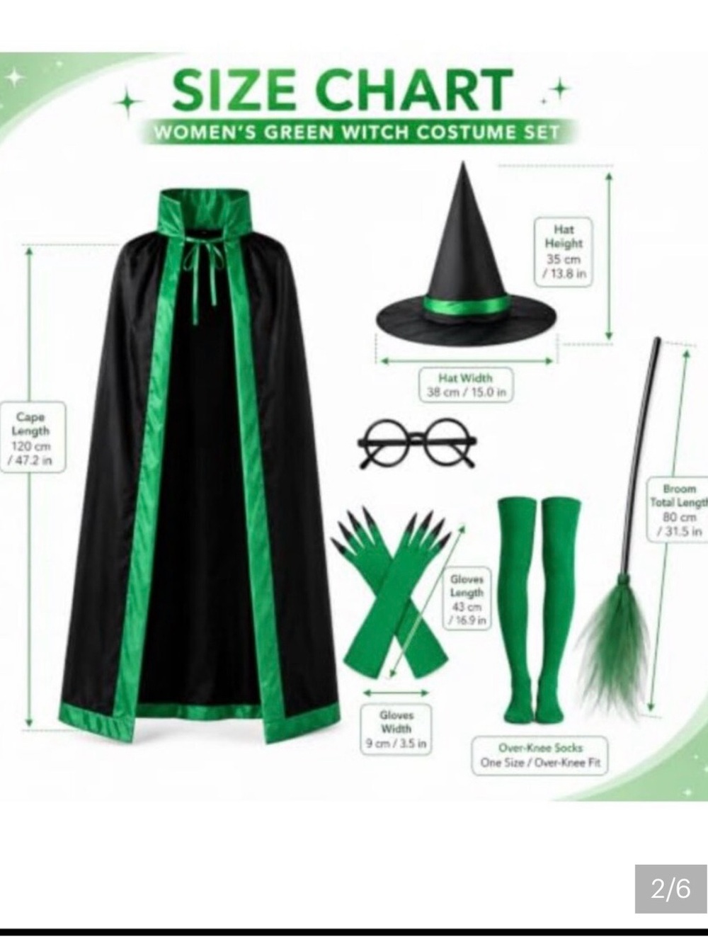 Green Witch Women’s Costume Set with Cape, Hat, Gloves, Socks and glasses.